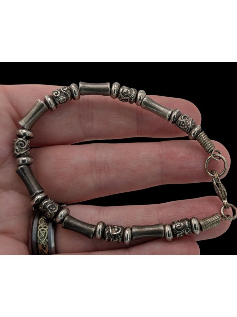 90s Boho Tribal Vintage Silver Tone Ornate Beaded Bracelet